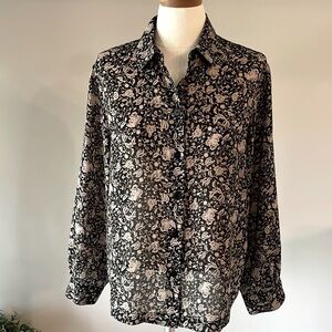 CHAUS petite VINTAGE button down blouse tan floral on black poly vintage size 10
